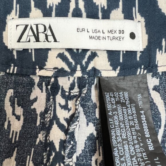 Zara Pants Womens Large Blue Off White Print Straight Leg Button Fly Lightweight - Picture 12 of 16